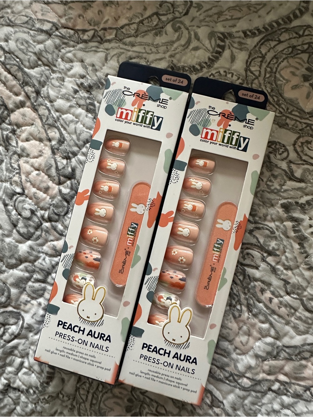 New: 2 Miffy Peach Aura Press-On Nails – 24-Count Set